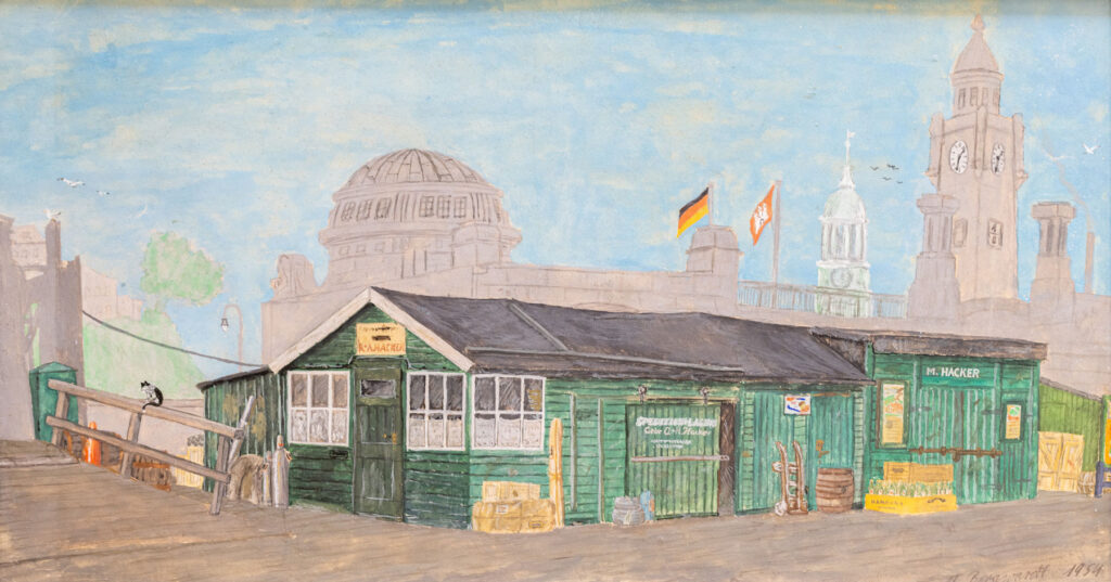 Landungsbruecken green barracks drawing from earlier; today 'Fischbroetchenkoenig'